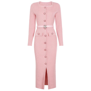 Robe pull femme élégante d'automne 2025, à manches longues, avec boutons en strass, ceinture et jupe