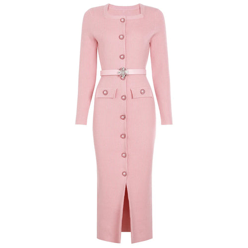 Robe pull femme élégante d'automne 2025, à manches longues, avec boutons en strass, ceinture et jupe