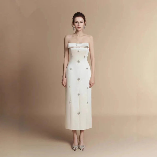 Fashion Luxury 2025 Vietnam Unique Beaded Bow White Formal Evening Dress Strapless Slim Fit Long Elegant Dress Winteres