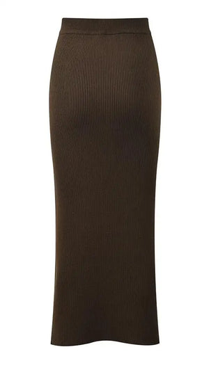 Brown ribbed pencil skirt on a white background