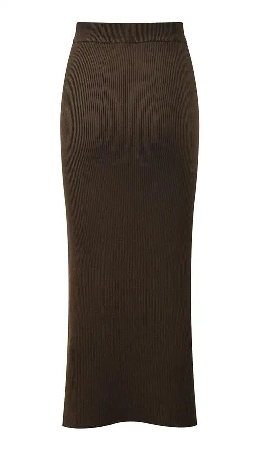 Brown ribbed pencil skirt on a white background