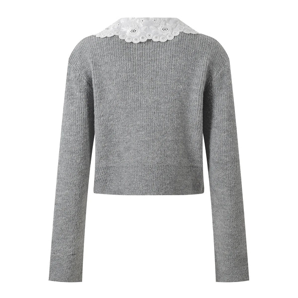 Gray sweater with white lace collar on a white background