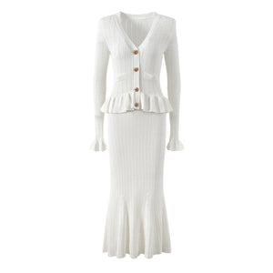 White ribbed dress with a cardigan on a white background
