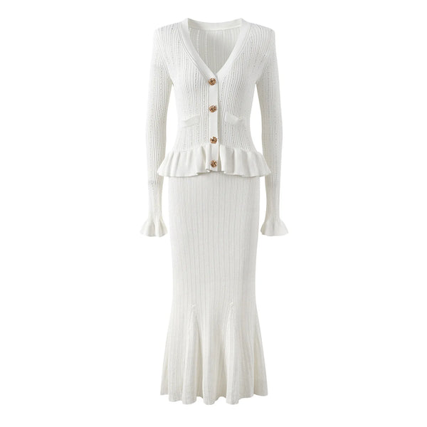 White ribbed dress with a cardigan on a white background