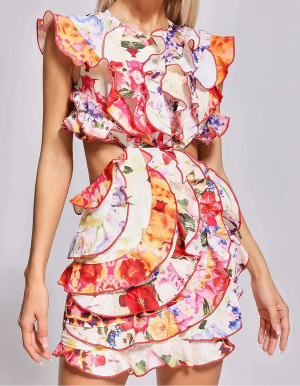BEISHI 2024 New Arrival Women Cutout Flounced Printed Mini Dress Winteres