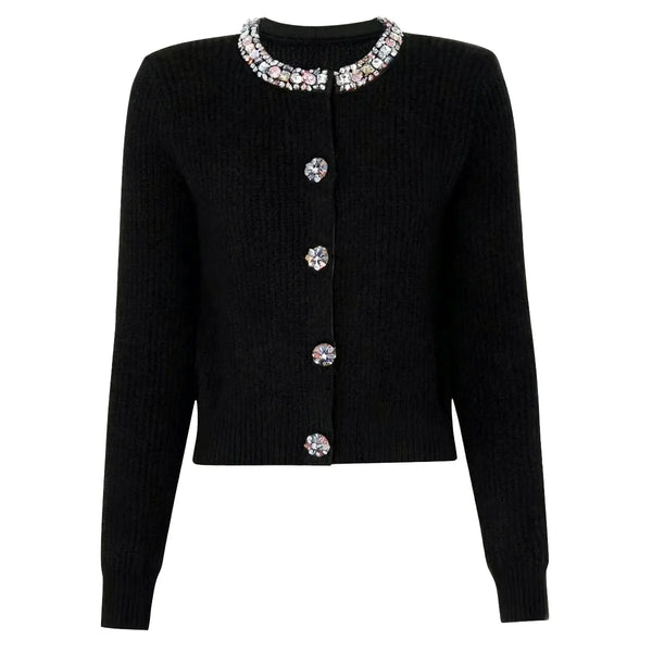 Black cardigan with decorative buttons and collar on a white background