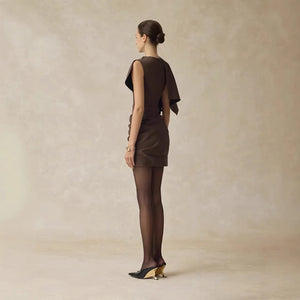New Design Premium High Quality Solid Casual Women's Autumn Brown Woven Pleated Mini Dress with Shawl Collar Pencil Silhouette