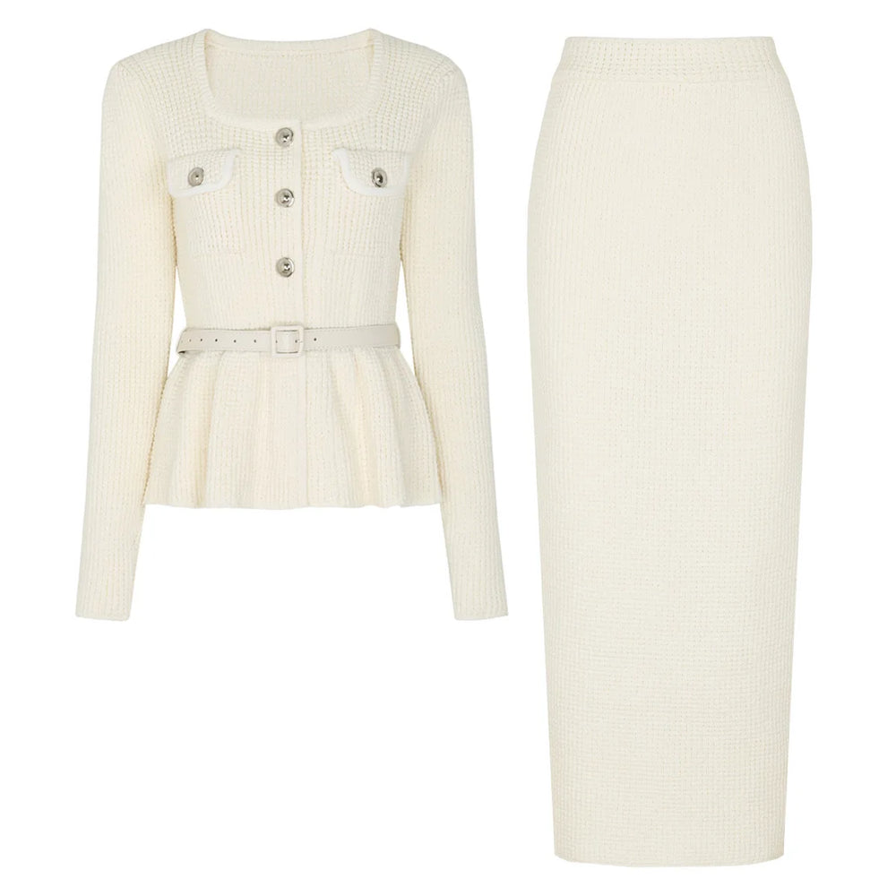 White ribbed knit jacket and skirt set on a white background