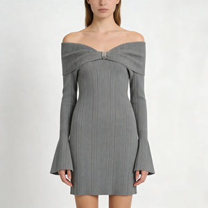 Gray off-shoulder dress with long sleeves on a white background
