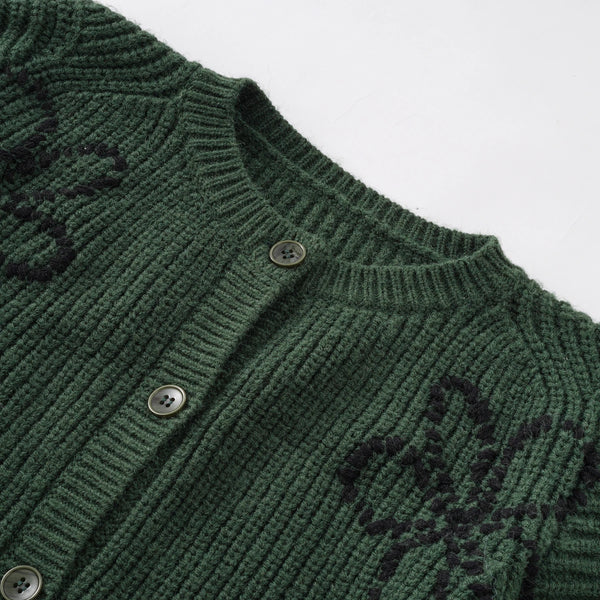 Intarsia Button Crew-Neck Knit Cardigan Winteres