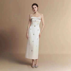 Fashion Luxury 2025 Vietnam Unique Beaded Bow White Formal Evening Dress Strapless Slim Fit Long Elegant Dress Winteres