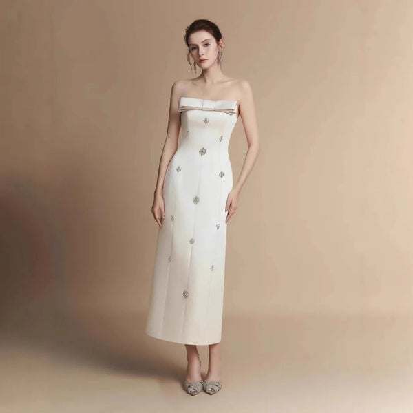 Fashion Luxury 2025 Vietnam Unique Beaded Bow White Formal Evening Dress Strapless Slim Fit Long Elegant Dress Winteres