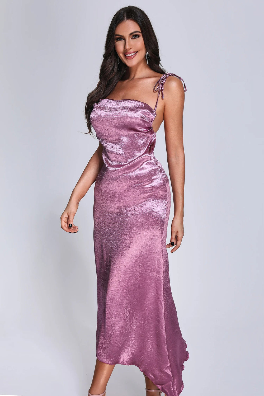 New Arrival Spaghetti Strap Purple Loose Asymmetrical Maxi Dress Satin Silk Women Winteres