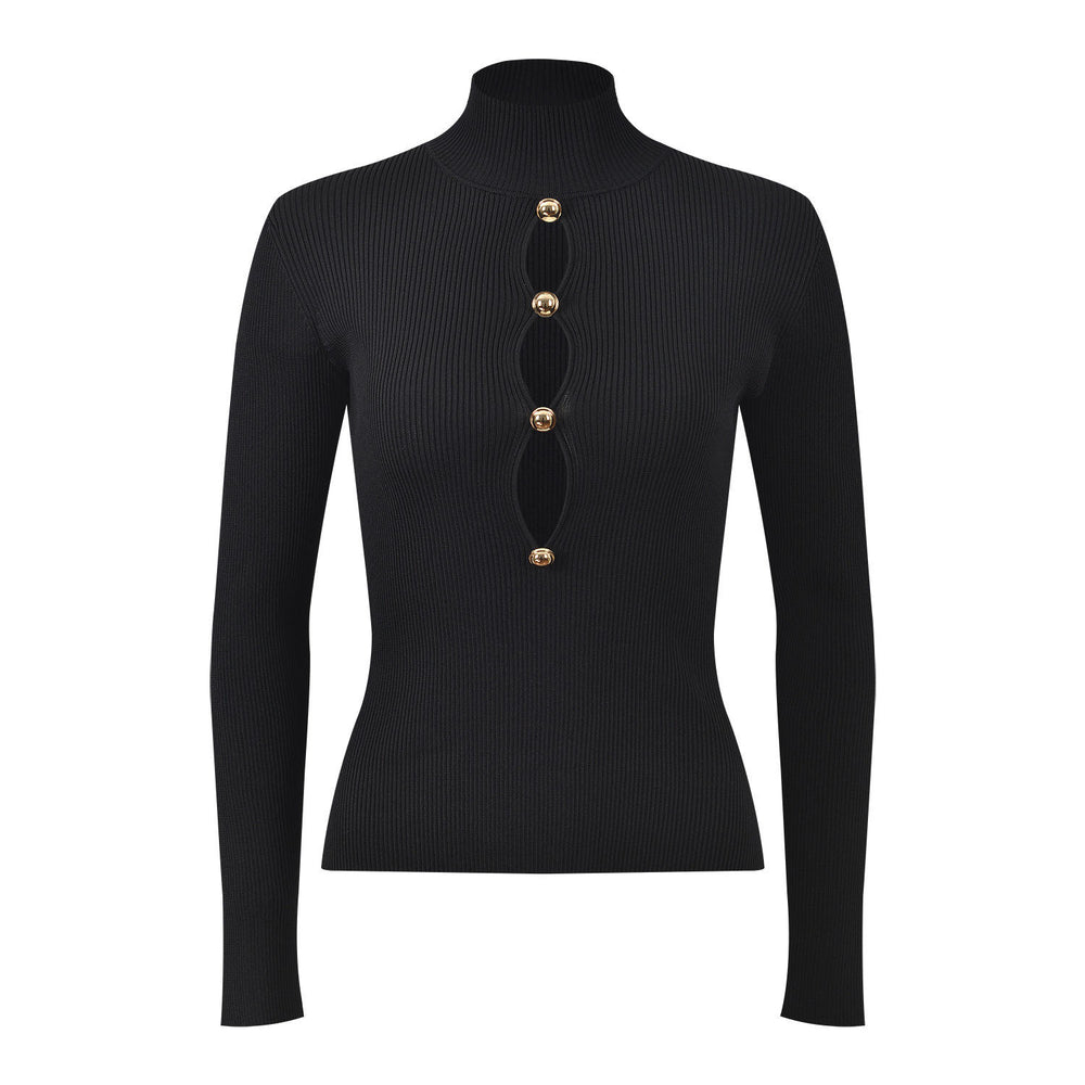 Black ribbed long-sleeve top with gold buttons on a white background