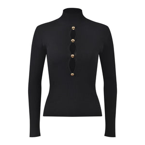 Black ribbed long-sleeve top with gold buttons on a white background