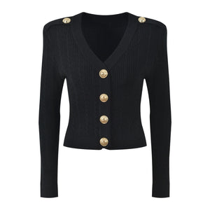 Black cardigan with gold buttons on a white background