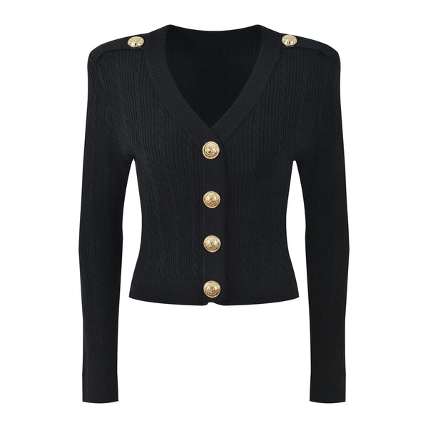 Black cardigan with gold buttons on a white background