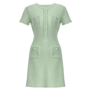 Elegant Knitted Beaded Short a Line Dresses Women Short Sleeve Formal Event Party Outfit Luxury Pink Tweed Mini Dress With Pearl Winteres
