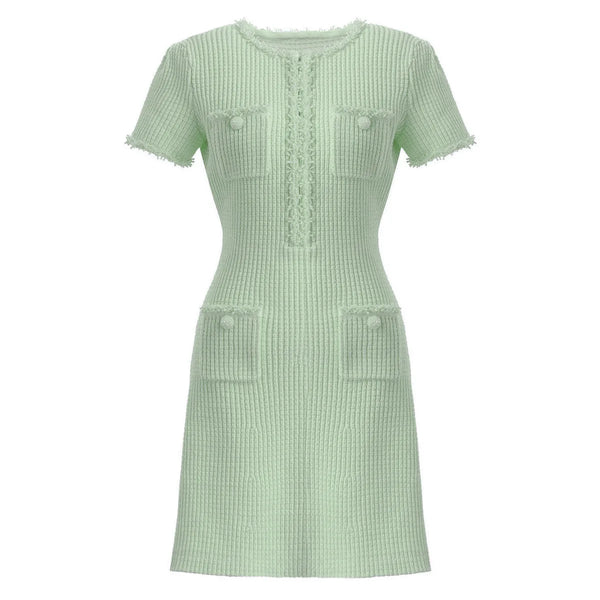 Elegant Knitted Beaded Short a Line Dresses Women Short Sleeve Formal Event Party Outfit Luxury Pink Tweed Mini Dress With Pearl Winteres