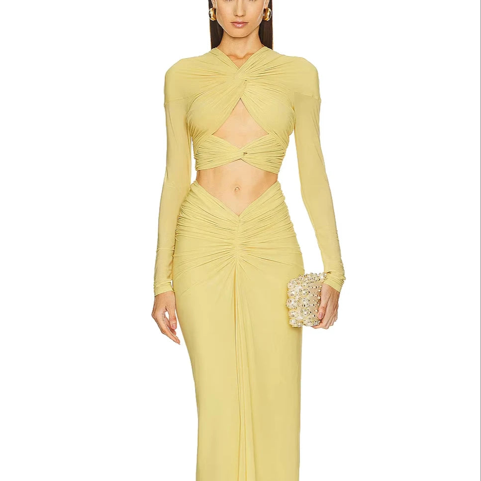 New Fashion Solid Color Fashion Wind Hollow Out Heavy Pleated Long Sleeve Low-cut Sexy Party Dress Winteres
