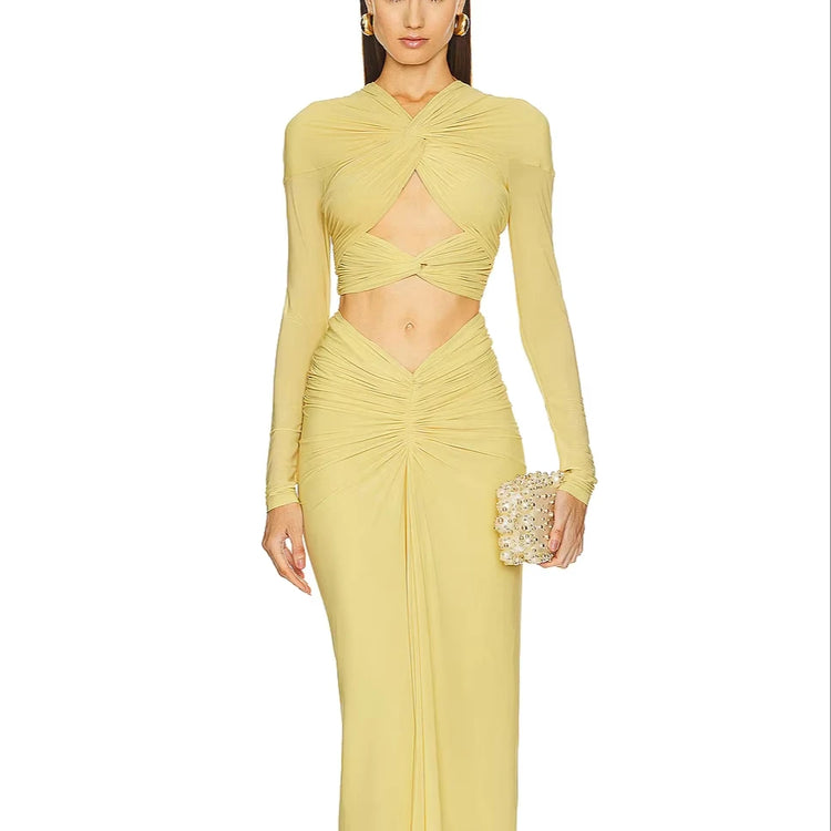 New Fashion Solid Color Fashion Wind Hollow Out Heavy Pleated Long Sleeve Low-cut Sexy Party Dress Winteres