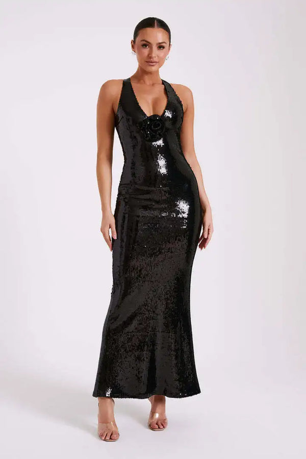 Women's Luxury Sexy Sequin Slit Three-dimensional Flower Dress Hollowed-out Backless Party Dress Winteres