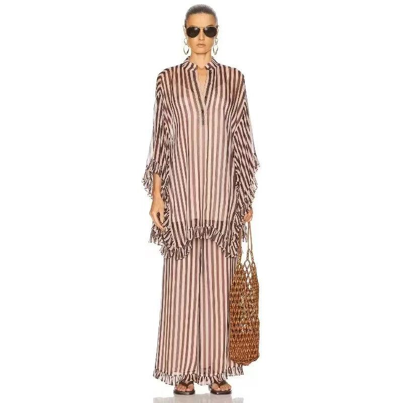 A10615 Migugarment Summer Spring Party Dress for Ladies V-neck Two-piece Long Set Button Tassel Embellishments Striped Dress Winteres