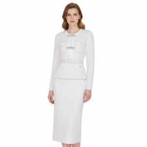 White jacket and skirt set on a white background
