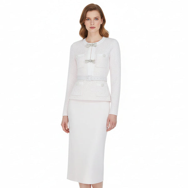 White jacket and skirt set on a white background