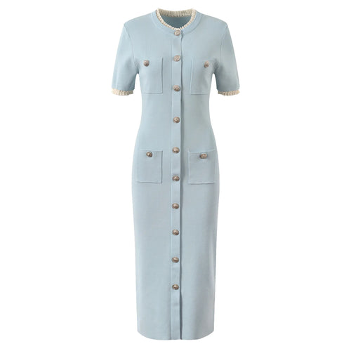 Light blue dress with buttons on a white background