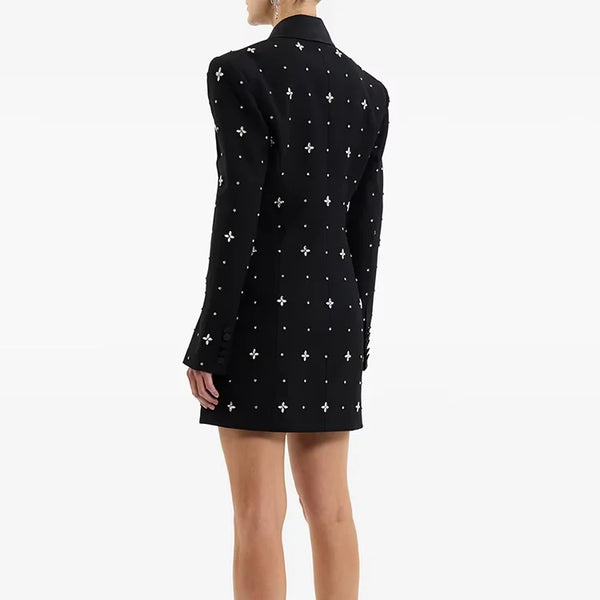 Luxury Oem Clothing Manufacturer Beaded Rhinestone Black Suit Short Dress Formal Wear Women Elegant Ladies blazer Jacket Dress Winteres