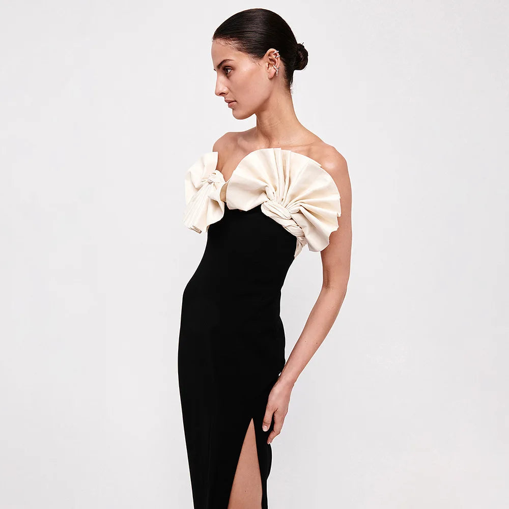 European and American Black and White Folding Fan Style Sexy Elegant Party Dress for Women Winteres
