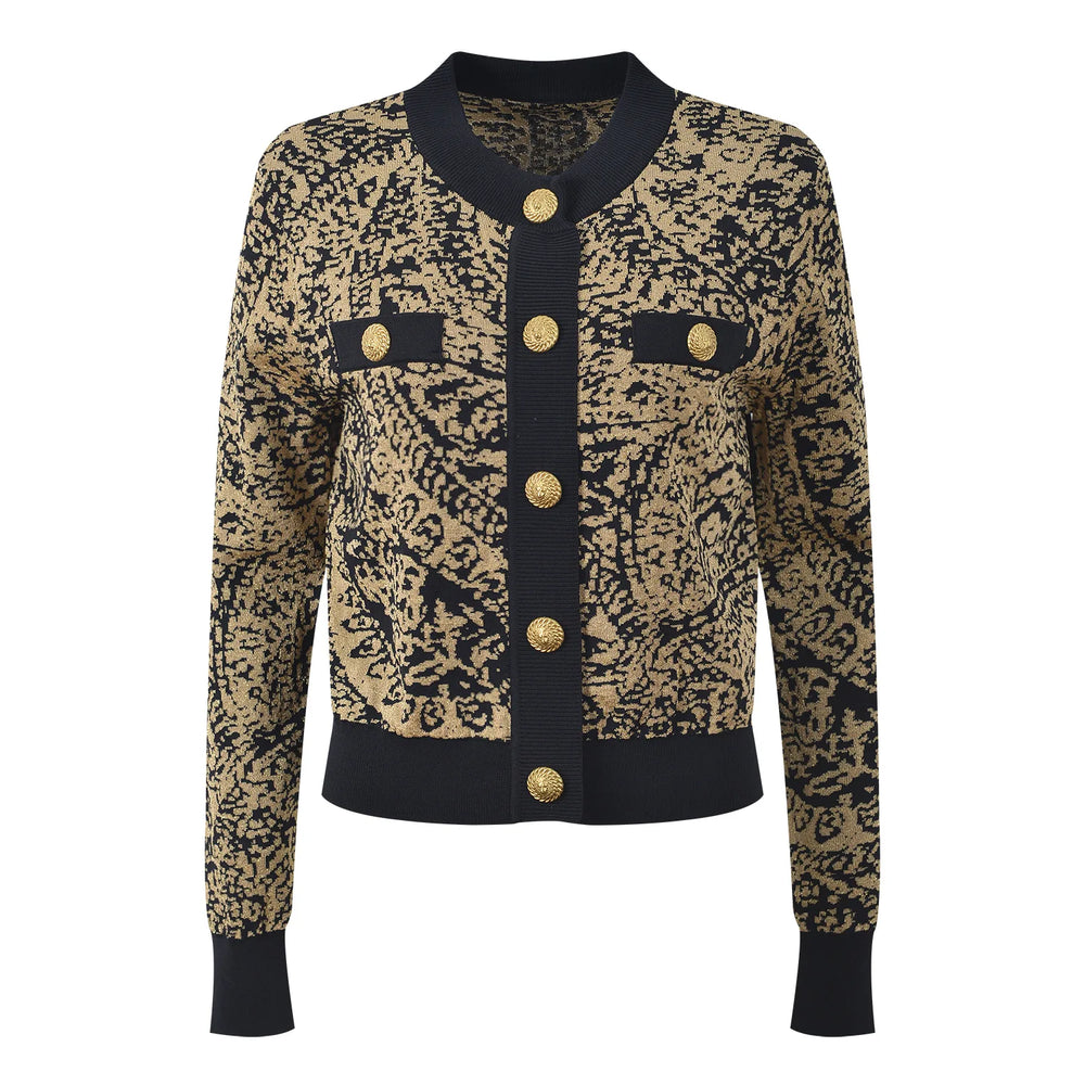 Patterned jacket with gold buttons on a white background
