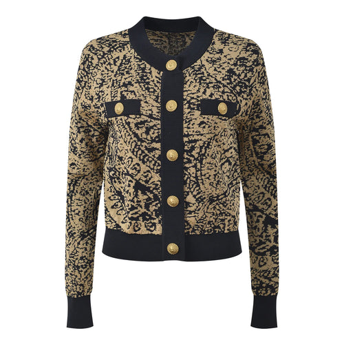 Patterned jacket with gold buttons on a white background