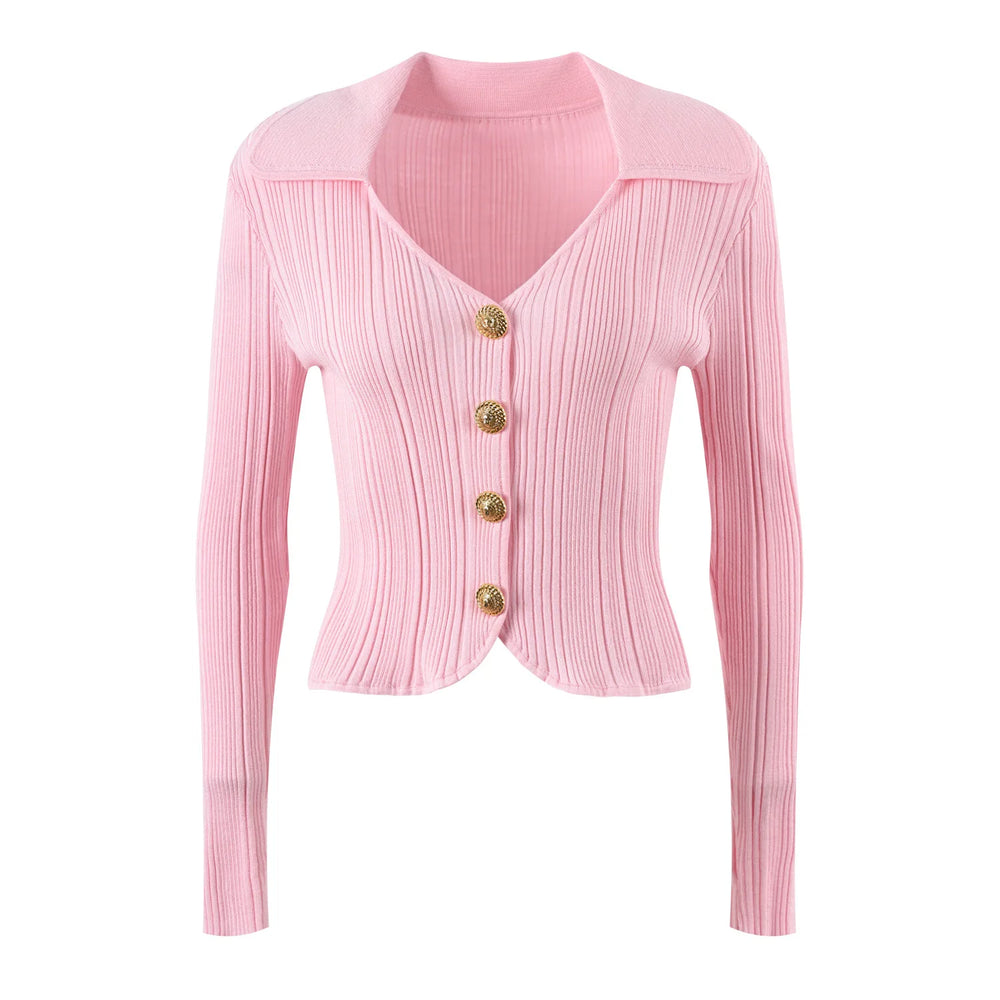 Pink ribbed cardigan with gold buttons on a white background