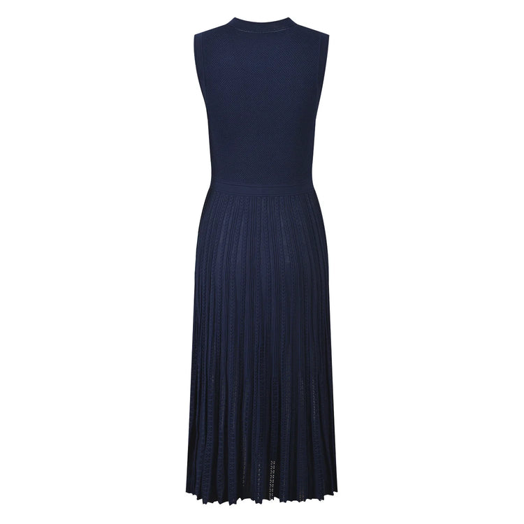 Navy blue dress with gold buttons on a white background