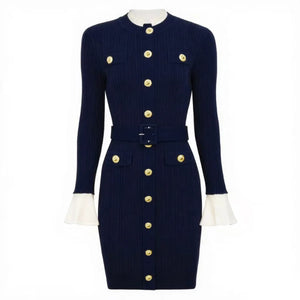 A10712 Migugarment High Quality Fashionable Knitted Mini Dresses Golden Button and Pocket  Decoration Long Sleeve Casual Dresses Winteres