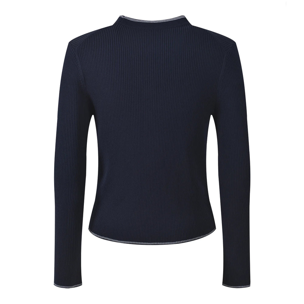 Navy blue ribbed sweater with gold buttons on a white background