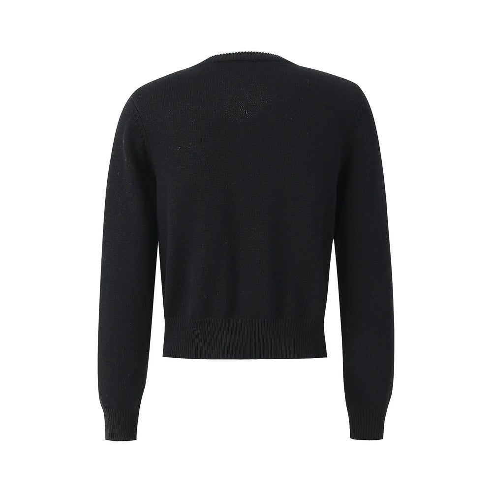 Black cardigan with white buttons and a logo on a white background