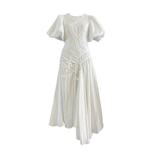 New Style Women's Summer High Quality Dress French Elegant Simple Long Dress Puff Sleeve Round Neck Pleated Elegant Party Dress Winteres