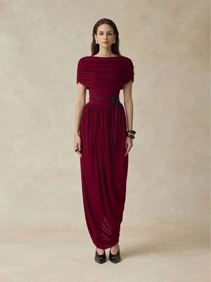 Autumn New Design Elegant Casual Party Dresses Retro Style Wine Red Solid Draped Midi Dress for Women.