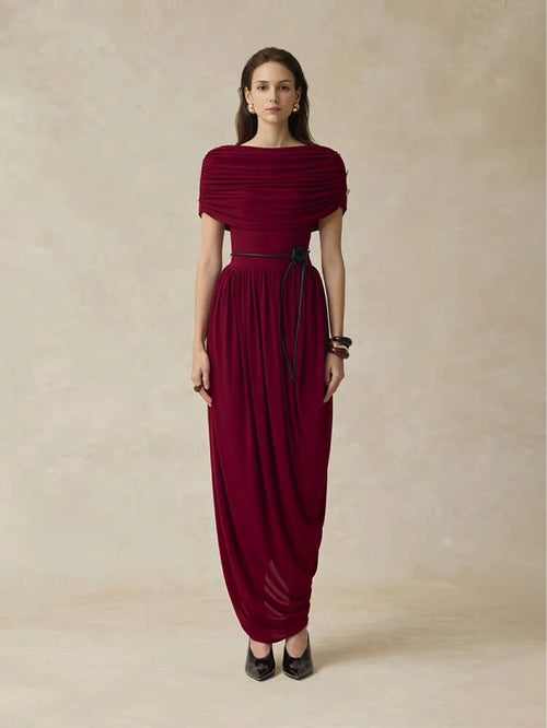 Autumn New Design Elegant Casual Party Dresses Retro Style Wine Red Solid Draped Midi Dress for Women.