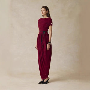 Autumn New Design Elegant Casual Party Dresses Retro Style Wine Red Solid Draped Midi Dress for Women.