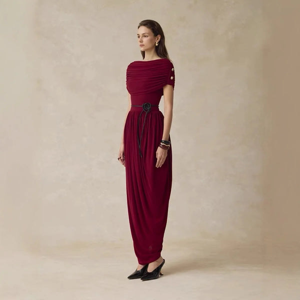 Autumn New Design Elegant Casual Party Dresses Retro Style Wine Red Solid Draped Midi Dress for Women.