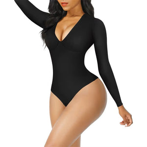 High Waist Tummy Control Thong Bodysuit – V-Neck Long Sleeve Winteres