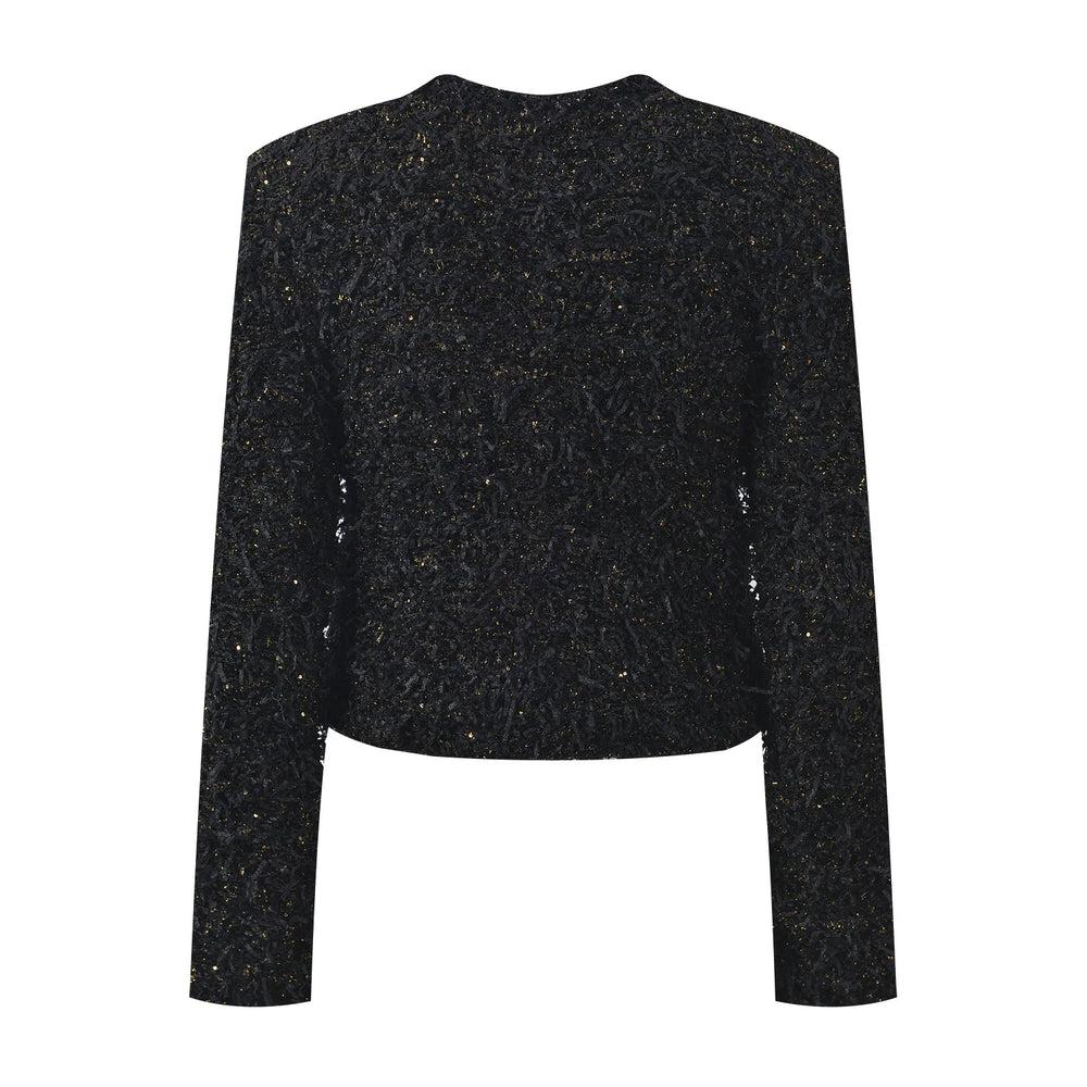 Black textured jacket with gold buttons on a white background