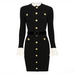 A10712 Migugarment High Quality Fashionable Knitted Mini Dresses Golden Button and Pocket  Decoration Long Sleeve Casual Dresses Winteres