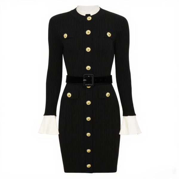 A10712 Migugarment High Quality Fashionable Knitted Mini Dresses Golden Button and Pocket  Decoration Long Sleeve Casual Dresses Winteres