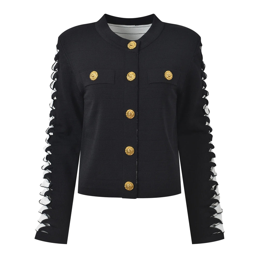 Black jacket with gold buttons on a white background