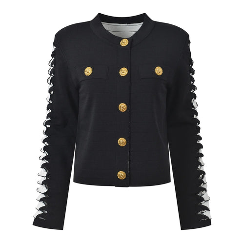 Black jacket with gold buttons on a white background